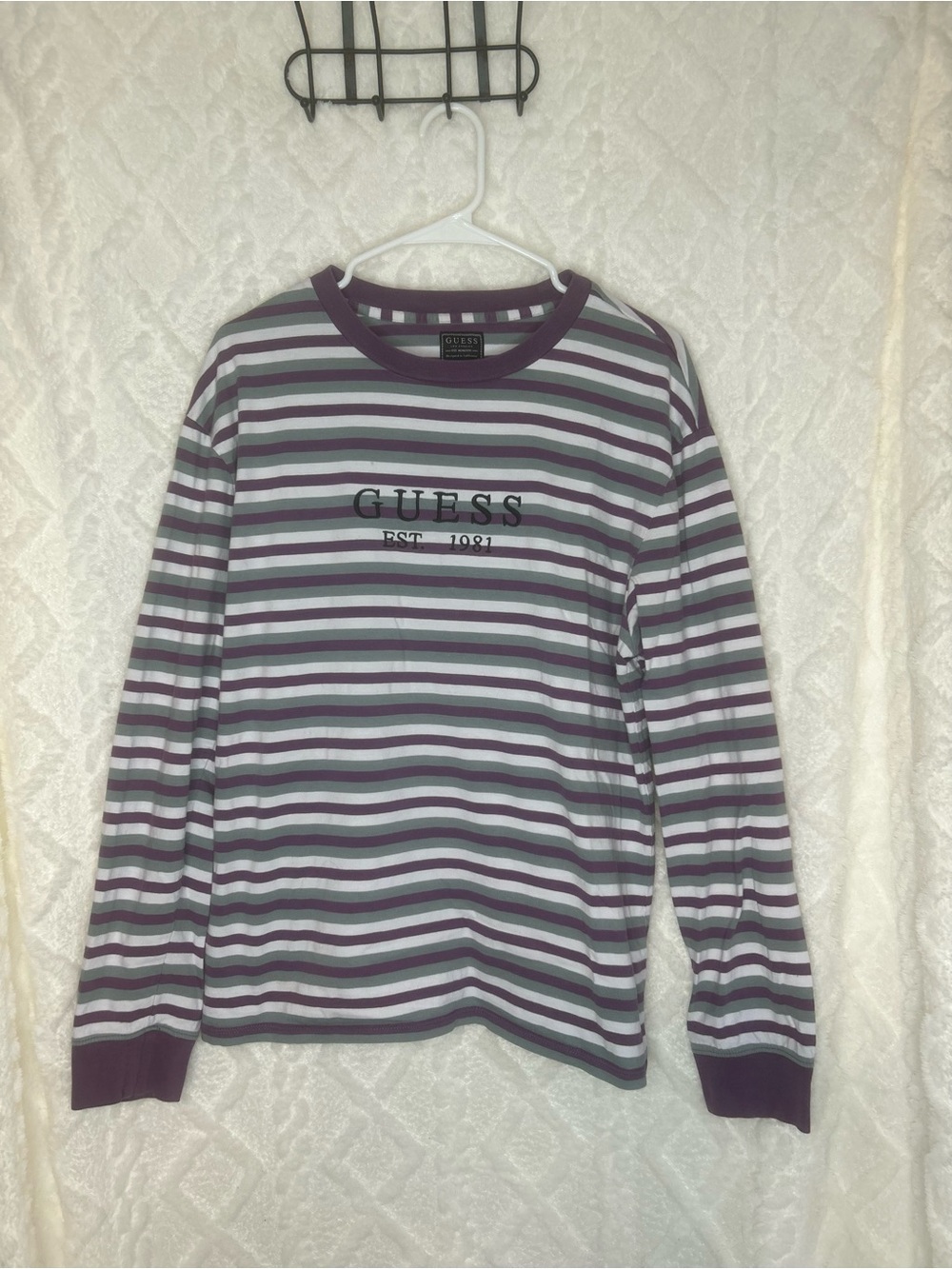 GUESS Men's Long-Sleeve Striped Crewneck Shirt in Purple & White